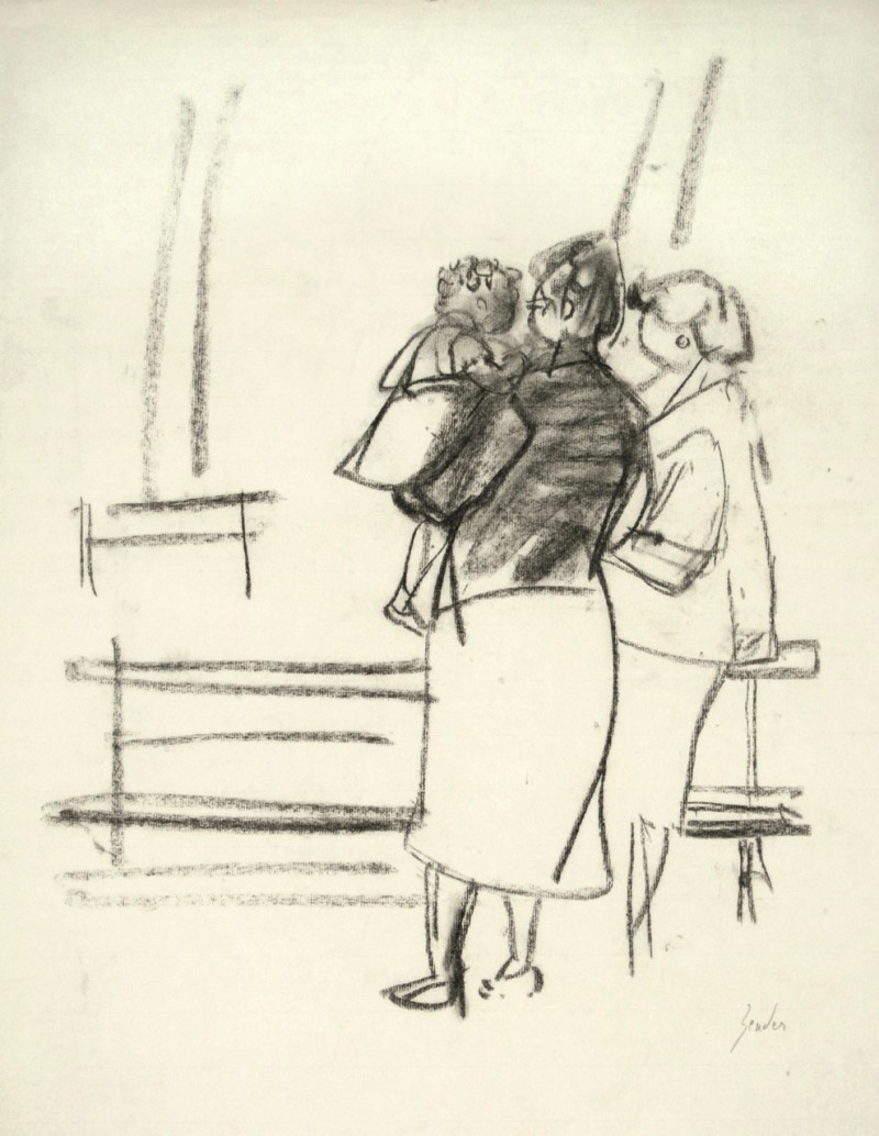 Skizze, zwei Frauen im Park mit Kind auf dem Arm, verso Aktskizze