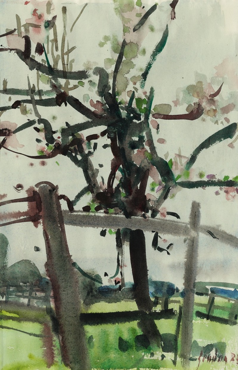 Blühender Baum am Zaun, 1983