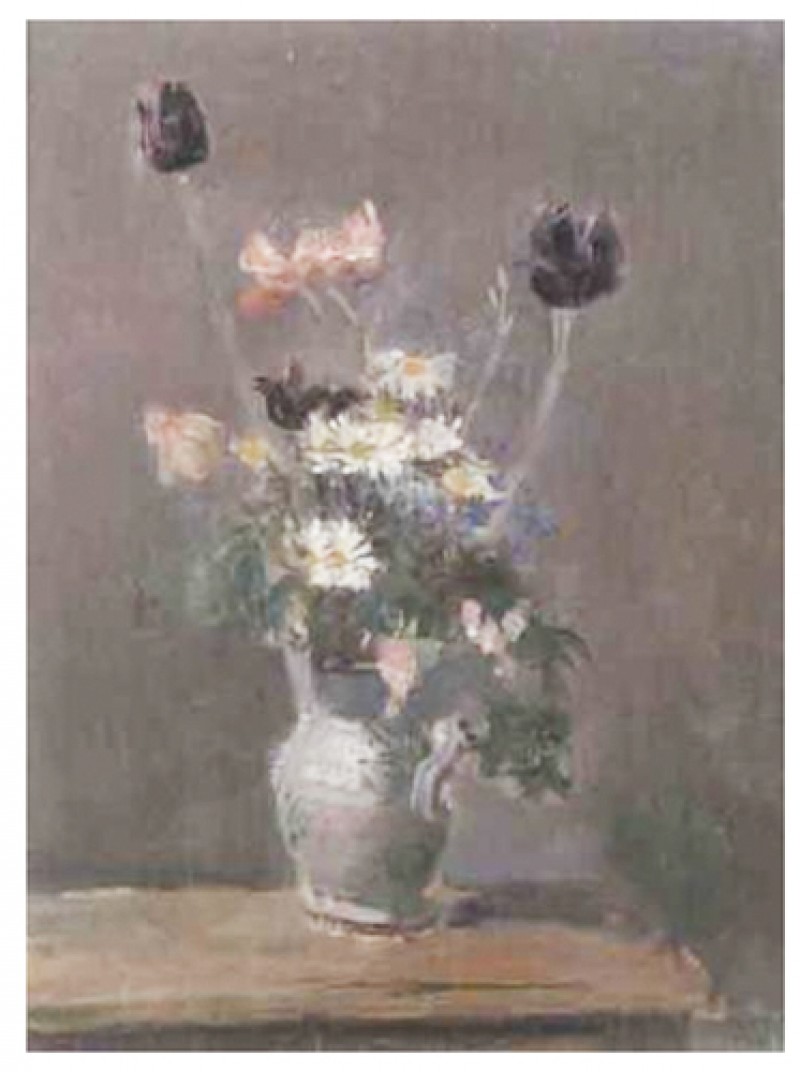 Vase mit Tulpen und Margeriten