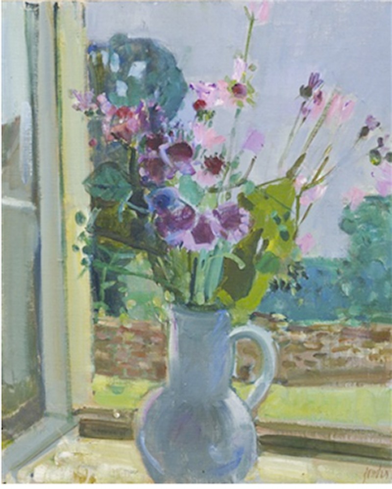 Blumenstrauss in Vase vor offenem Fenster, 1962.