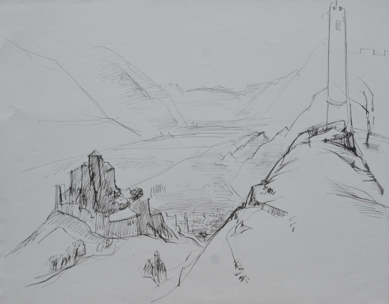 Skizze, Landschaft mit zwei Burgen