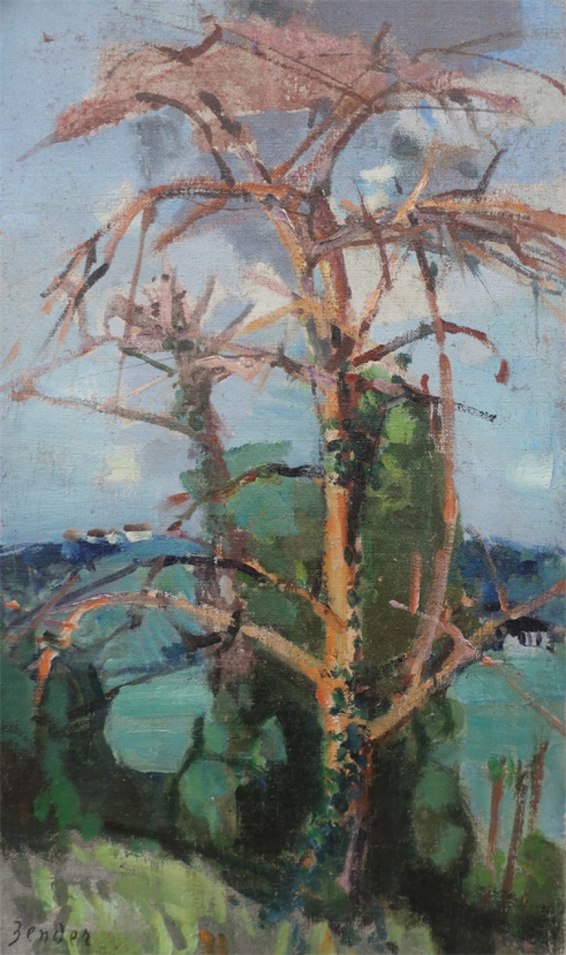 Landschaft mit kahlem Baum im Vordergrund. Öl auf Leinwand, links unten signiert: Zender. 54 x 31