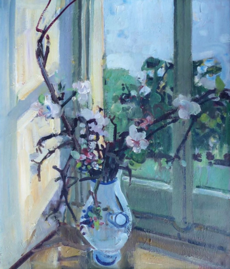 Kirschblütenzweig in Fenster mit Aussicht, 1955