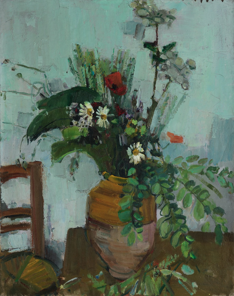 Blumenstrauss mit Mohn, Margeriten und viel Blättern, um 1956