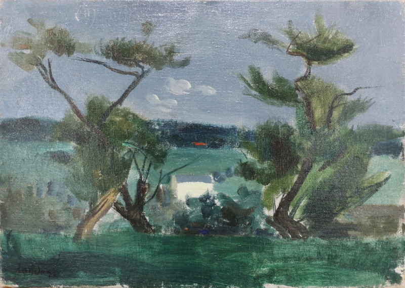 Landschaft mit weissem Haus. Öl auf Leinwand, links unten signiert: Zender. 33 x 46