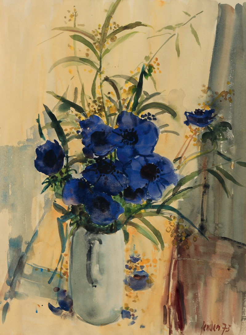 Blaue Anemonen in tönernem Bierhumpen, 1973