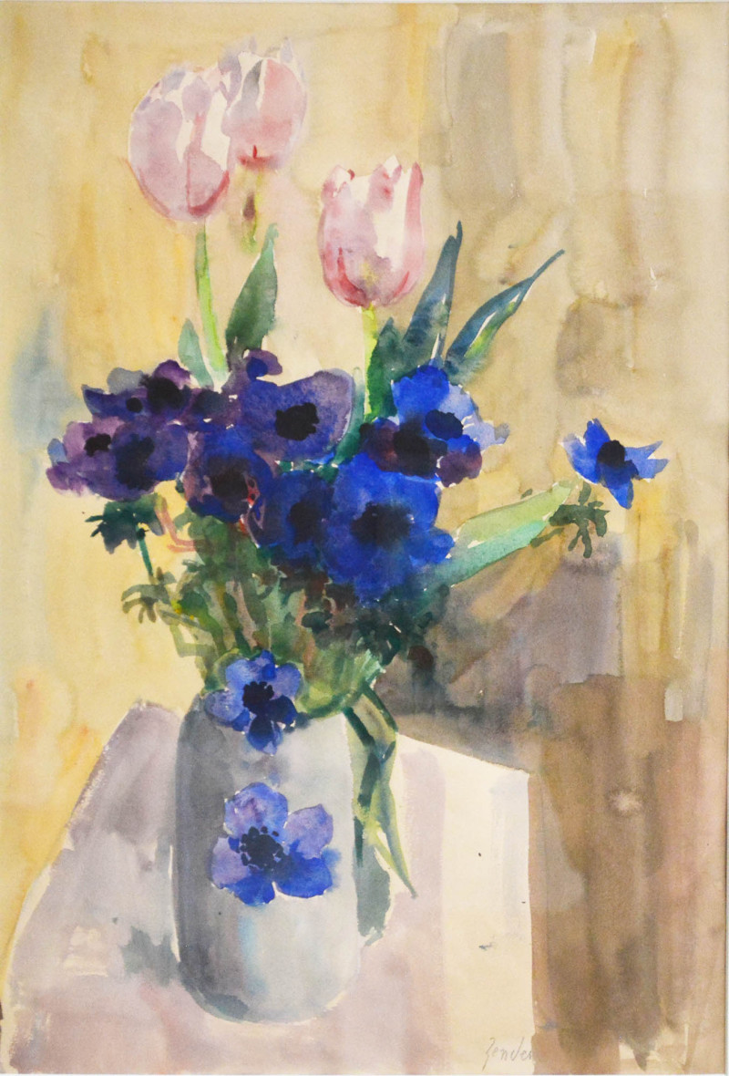 Stillleben mit Anemonen und Tulpen.