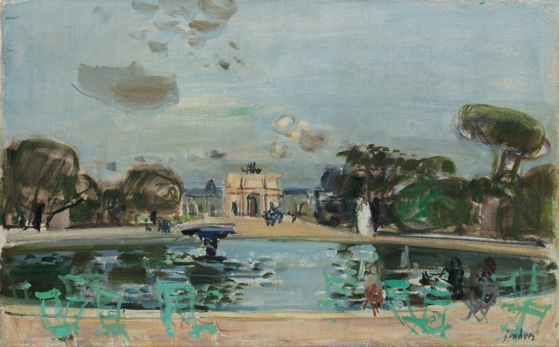 Le bassin des Tuileries (Die rote Figur am Wasser, mit Segelschiff in den Händen, ist Jean-Claude Zehnder)