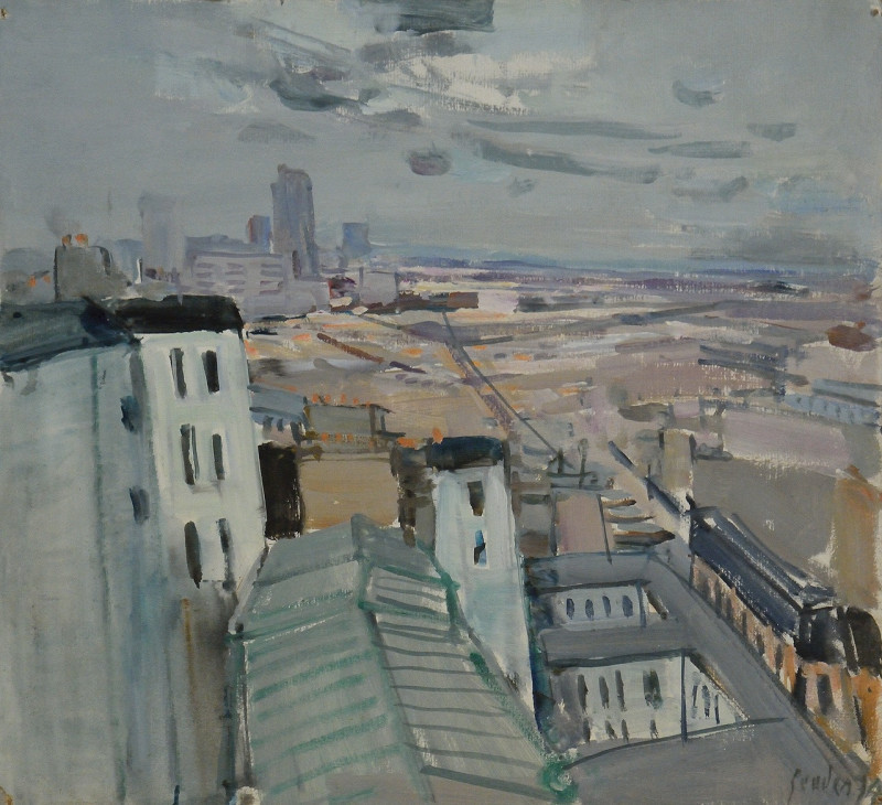 Blick über die Dächer, verso Männerporträt, 1974