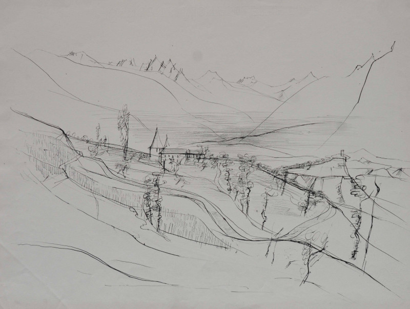 Skizze, Berglandschaft mit Kirche