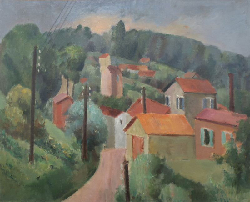 Dorflandschaft. Öl auf Leinwand, links unten signiert: R. Zender und gewidmet: A troude en grand amitié. 64 x 79