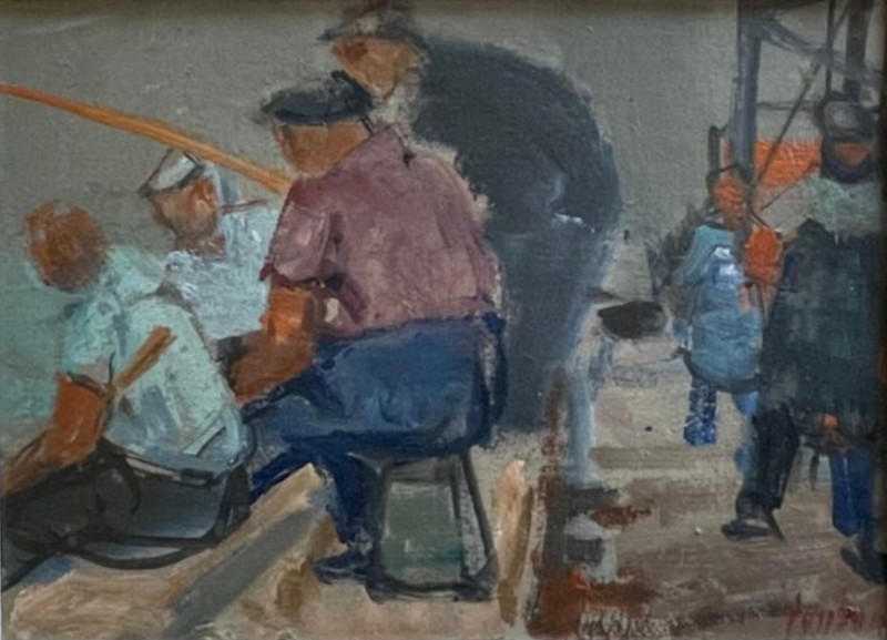 Fischer am Hafen. Öl