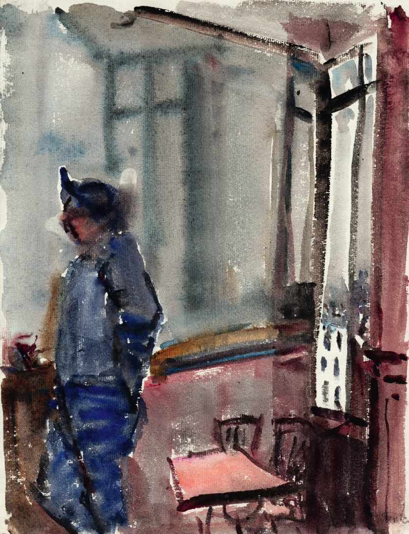 Arbeiter im Restaurant, verso Küstenlandschaft im Nebel
