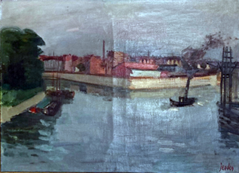 Zusammenfluss von Seine und Marne. Öl auf Leinwand, rechts unten signiert: Zender. 44 x 63