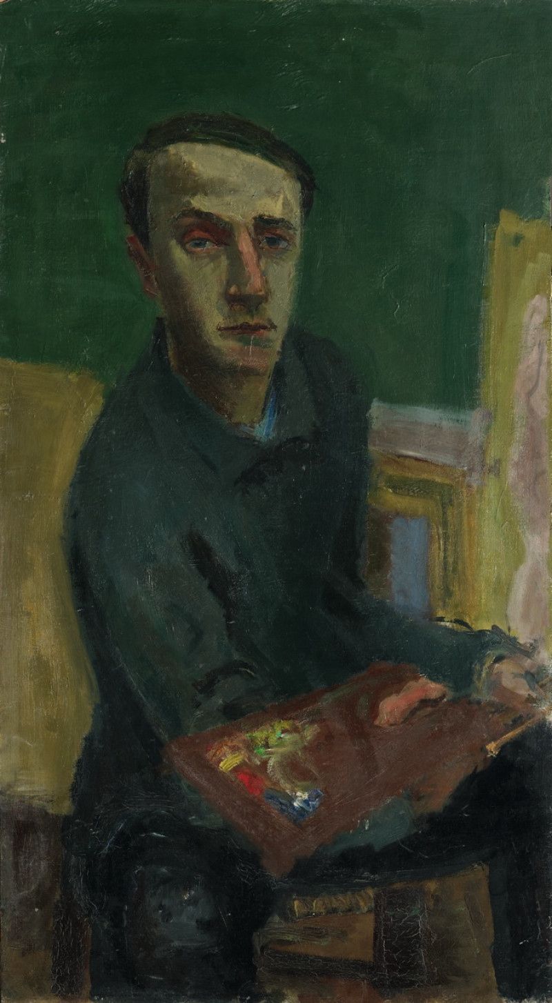 Selbstbildnis mit Palette, verso Blumenstrauss mit gelben Schwertlilien, um 1930