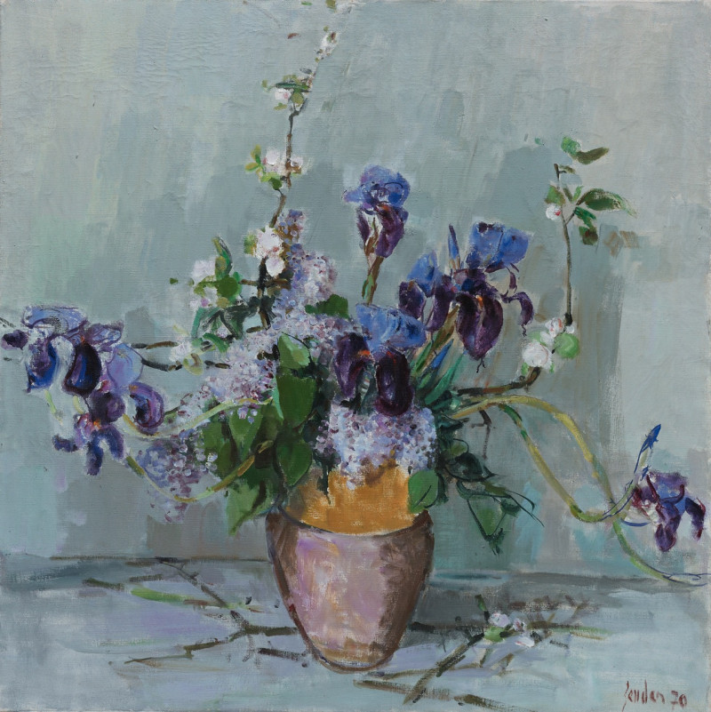 Stillleben mit Vase mit Schwertlilien, Flieder und Blütenzweig, 1970