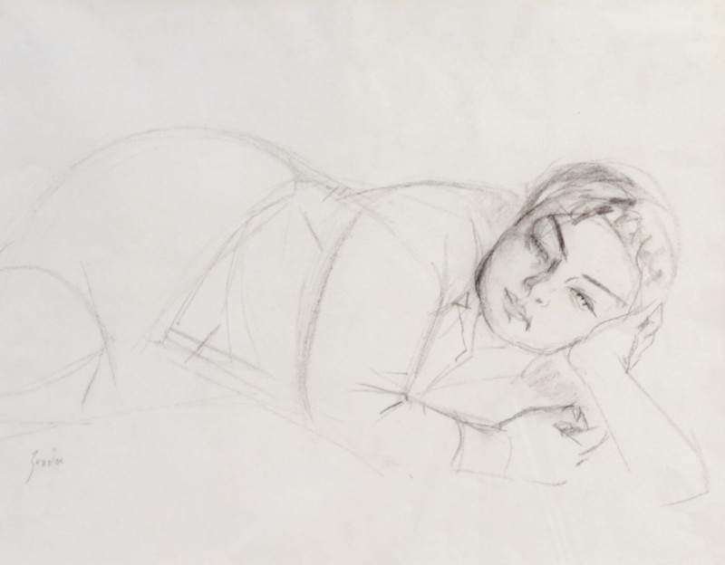 Porträt liegender Frau, Kopf aufstützend, verso femme couchée, datiert 01