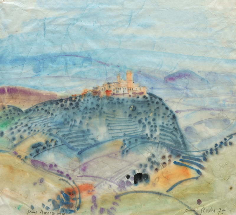 Toskana-Landschaft mit Dorf auf Hügel, 1975