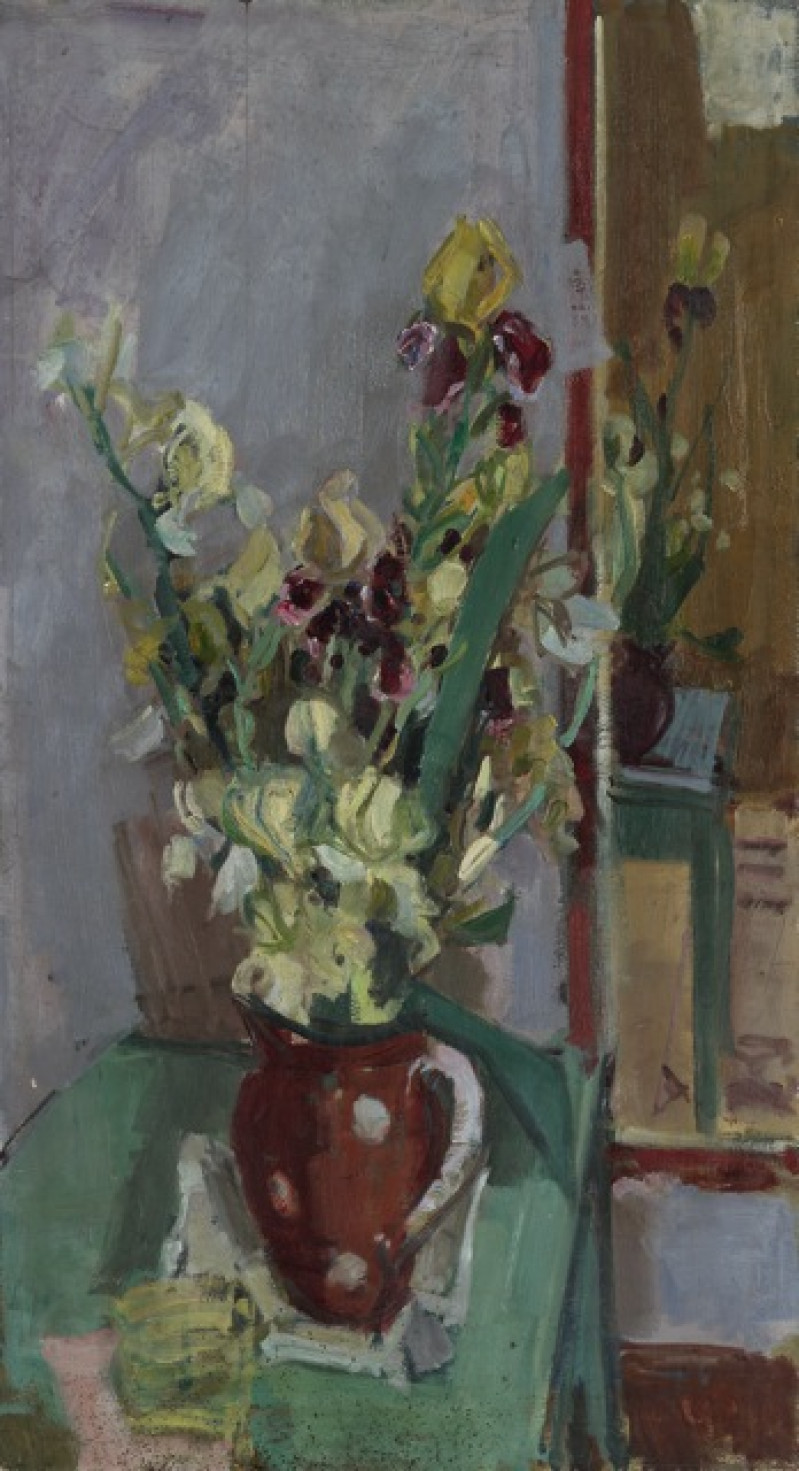 Selbstbildnis mit Palette, verso Blumenstrauss mit gelben Schwertlilien, um 1930