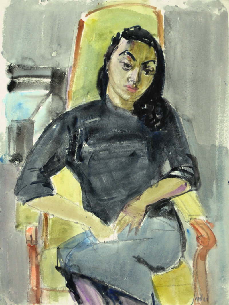 Portrait einer sitzenden Frau auf Voltair