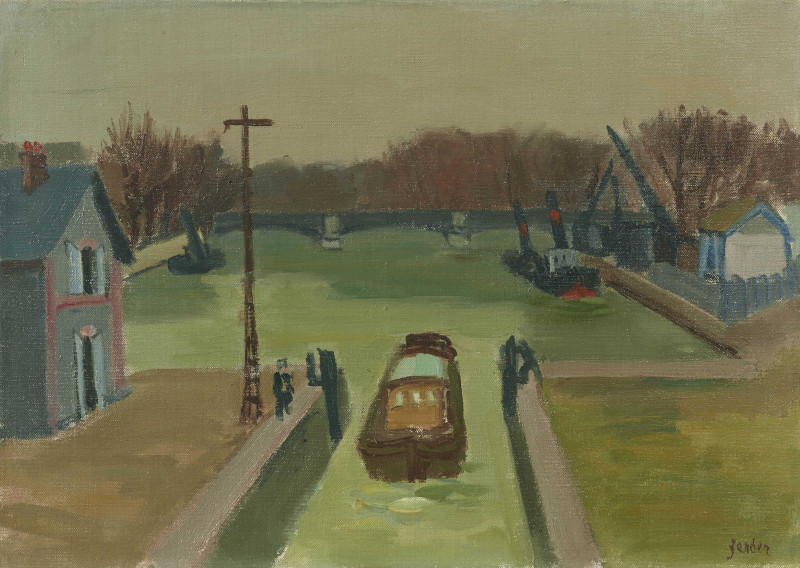 Schleuse mit Brücke im Hintergrund