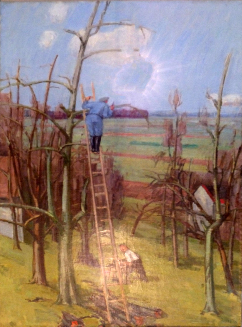 Spätherbst im Obstgarten/Baumschnitt im Spätherbst, 1942. Öl auf Leinwand, rechts unten signiert und datiert: Zender 42. Montiert im grossen Saal des Hombergerhauses (früher GF-Haus) in Schaffhausen