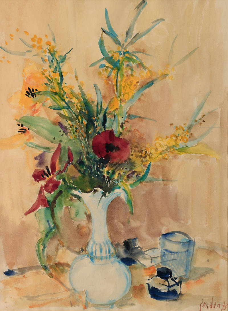 Blumenstrauss mit rotem Mohn, Mimosen und Tulpe, 1973
